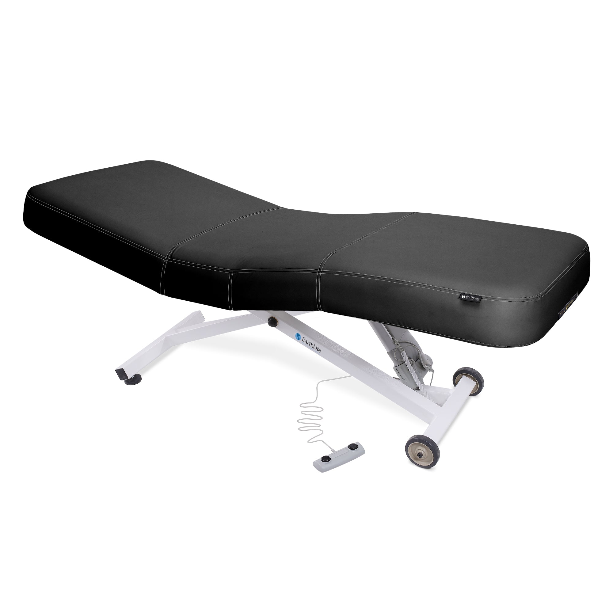 EarthLite Ellora LX electric salon table: black, ADA compliant, white base, handheld floor control.