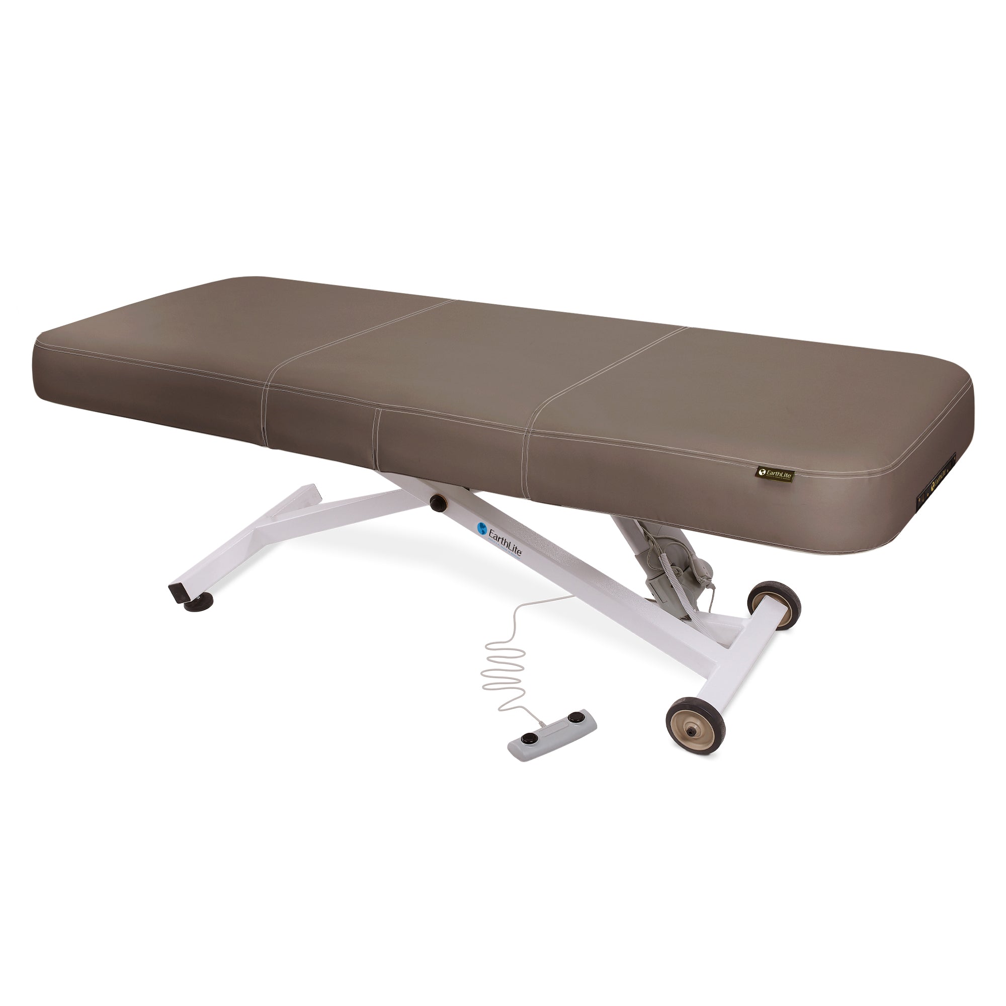 EarthLite ELLORA LX FLAT massage table features Strata cushioning and a white steel frame.