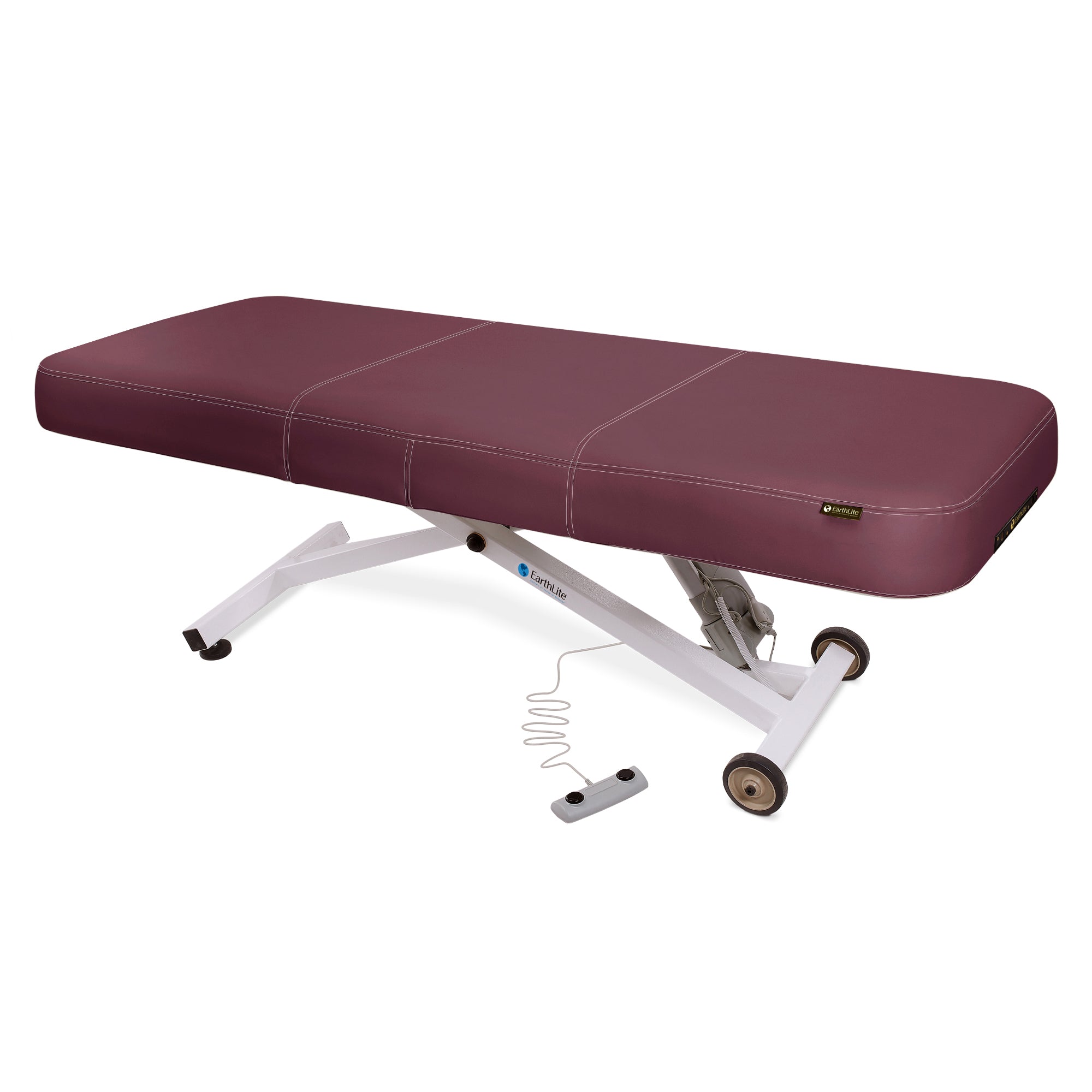 EarthLite ELLORA LX FLAT table with replaceable mattress and white metal base.