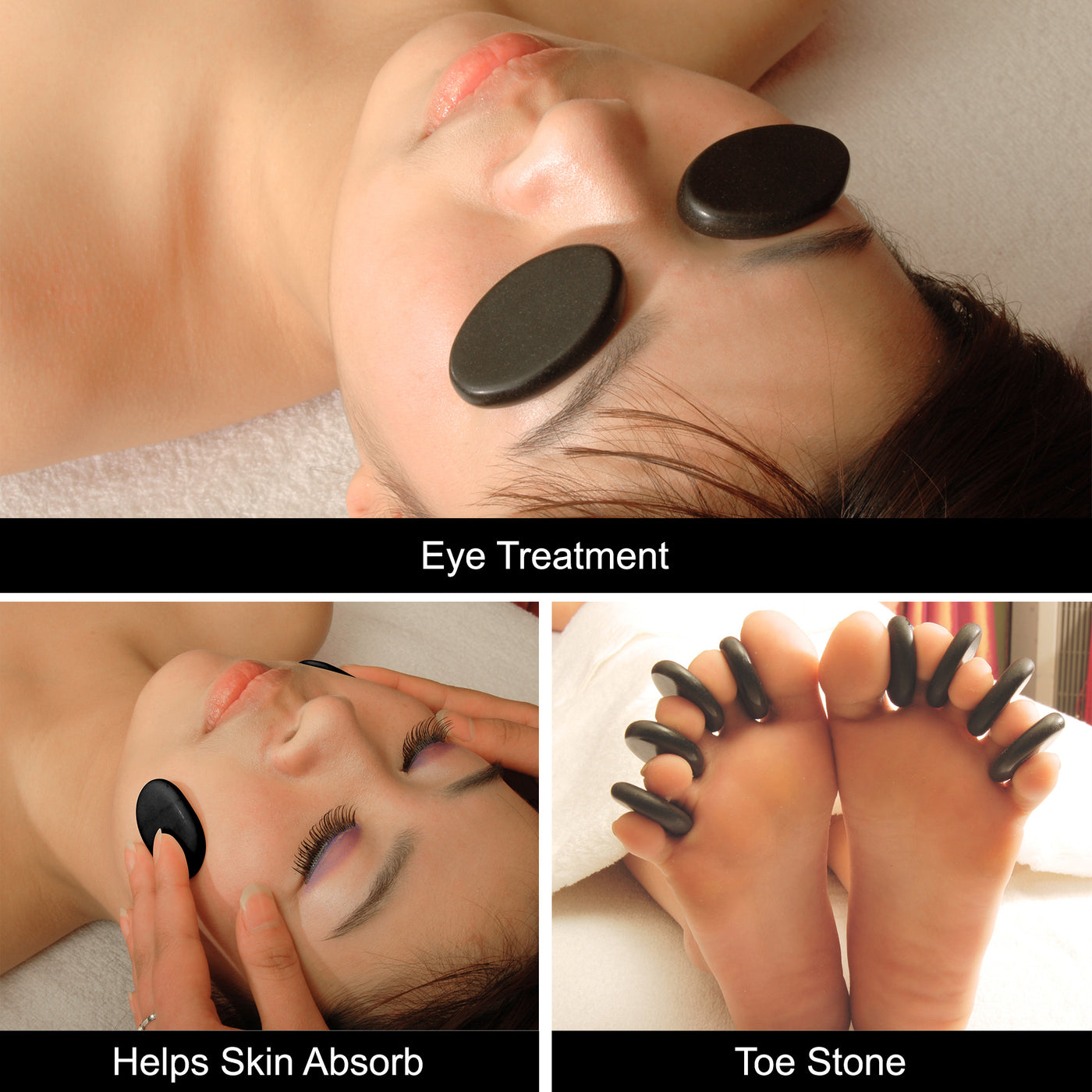 Eye treatment with stones on a person's face, showing close-up of stones and hands.