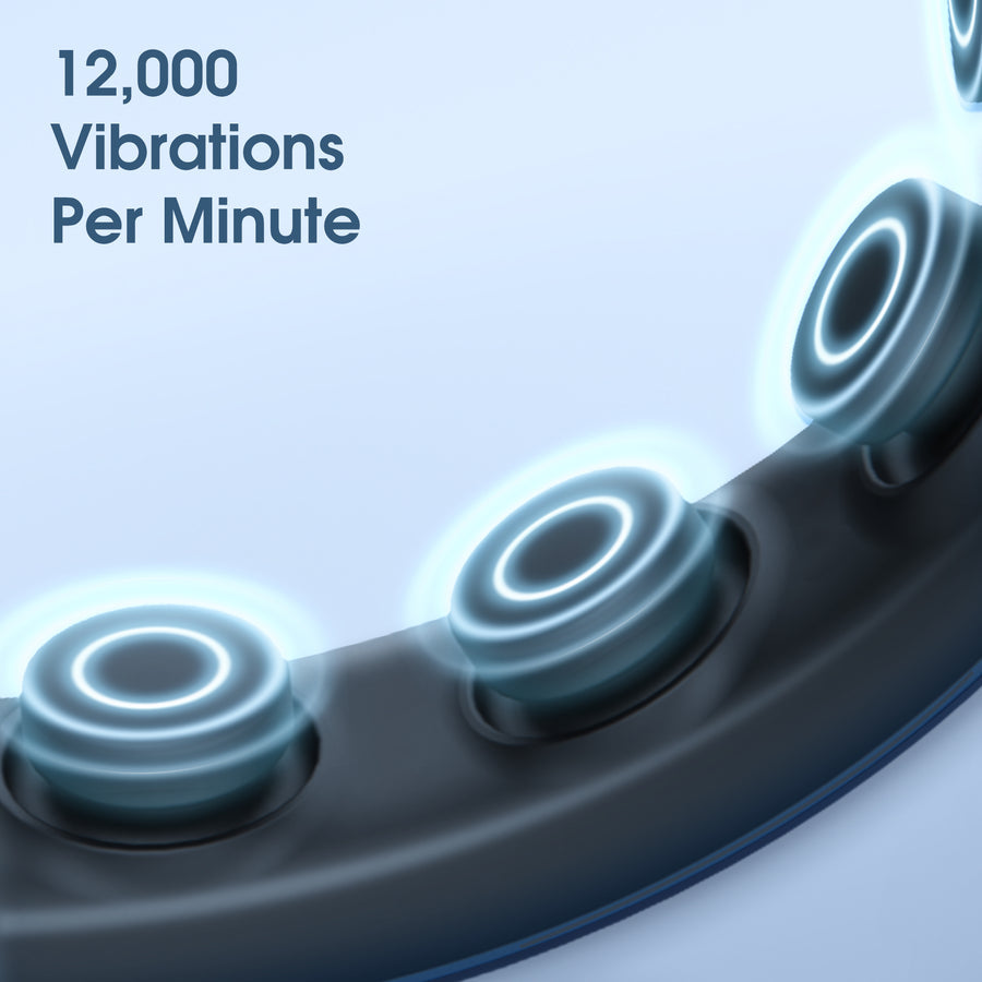 Close-up of a device with circular components and text indicating 12,000 vibrations per minute on a light blue background.