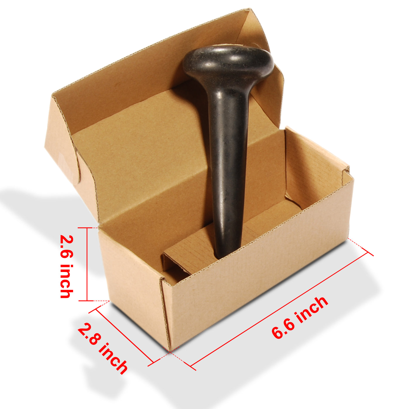 Box with a MT Massage Basalt Nail Shape Hot Stone Massage Trigger Point Tool showing dimensions on a white background