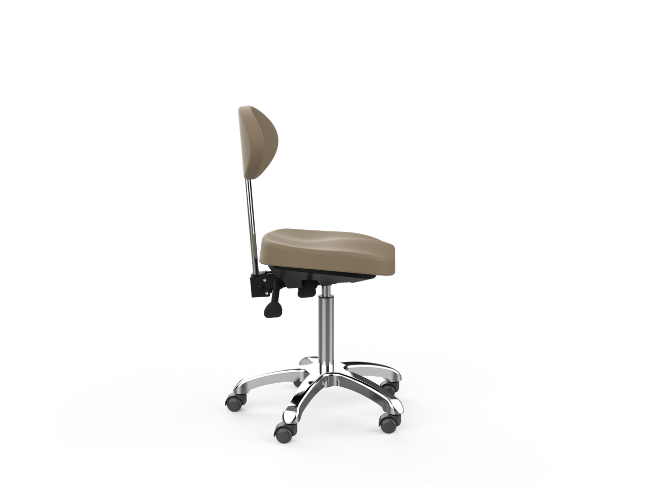Side view of the Silverfox America 1025E Beauty Stool with wheels and metal base on white background.