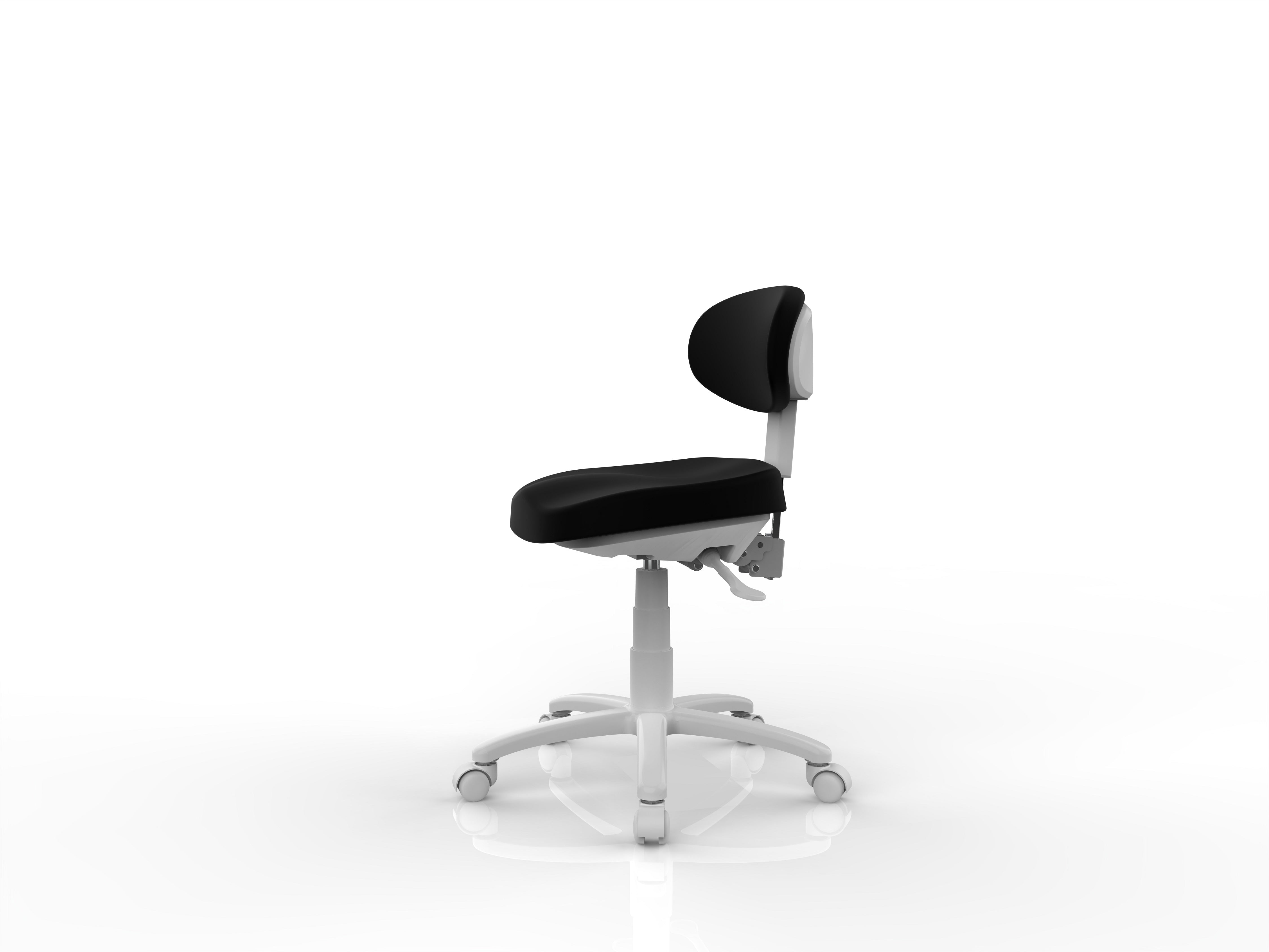Silverfox America 8C01 black and white adjustable stool with wheels, side profile view.