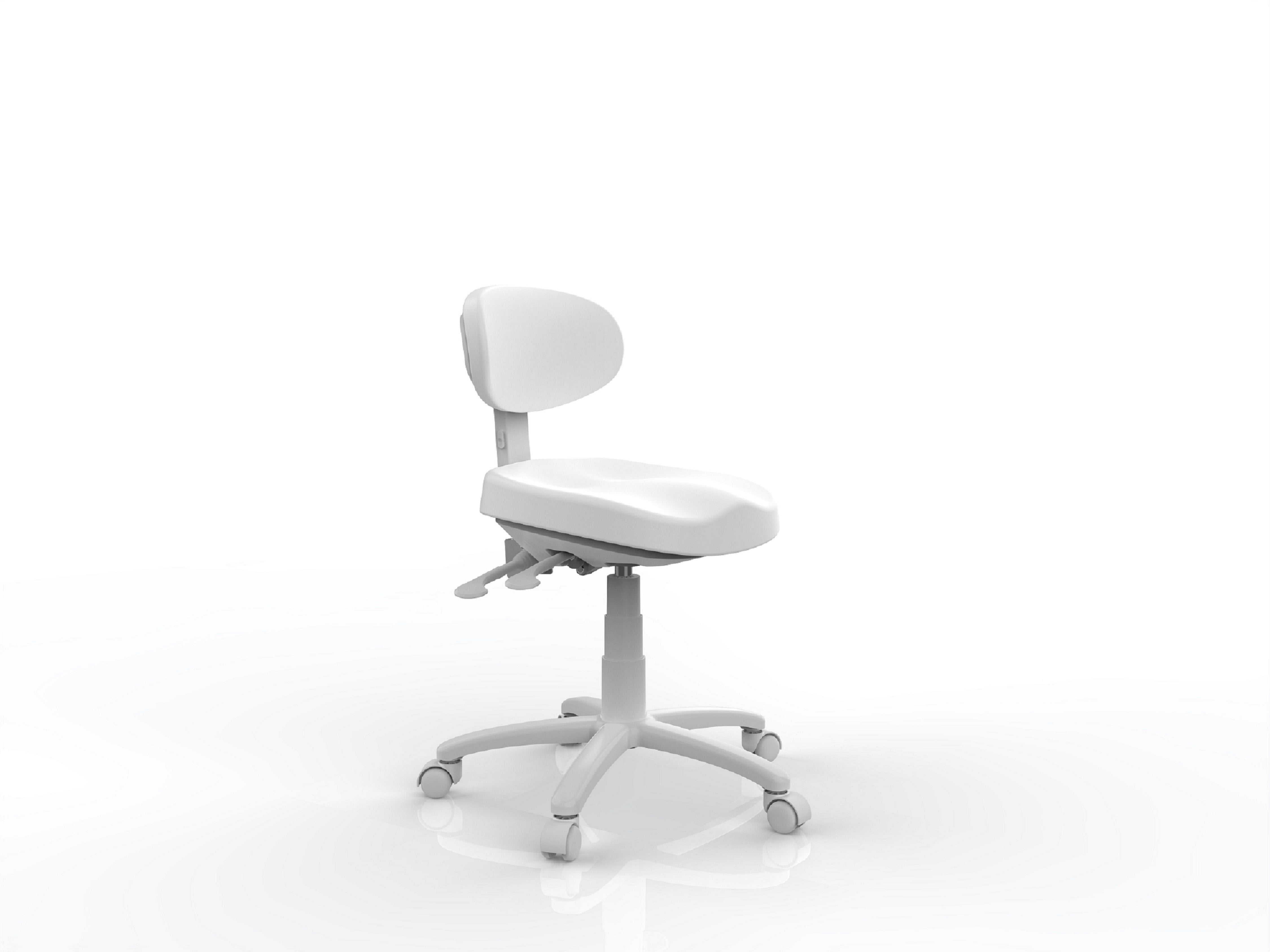 Silverfox America 8C01 Stool: adjustable white medical stool with five wheels and curved backrest.