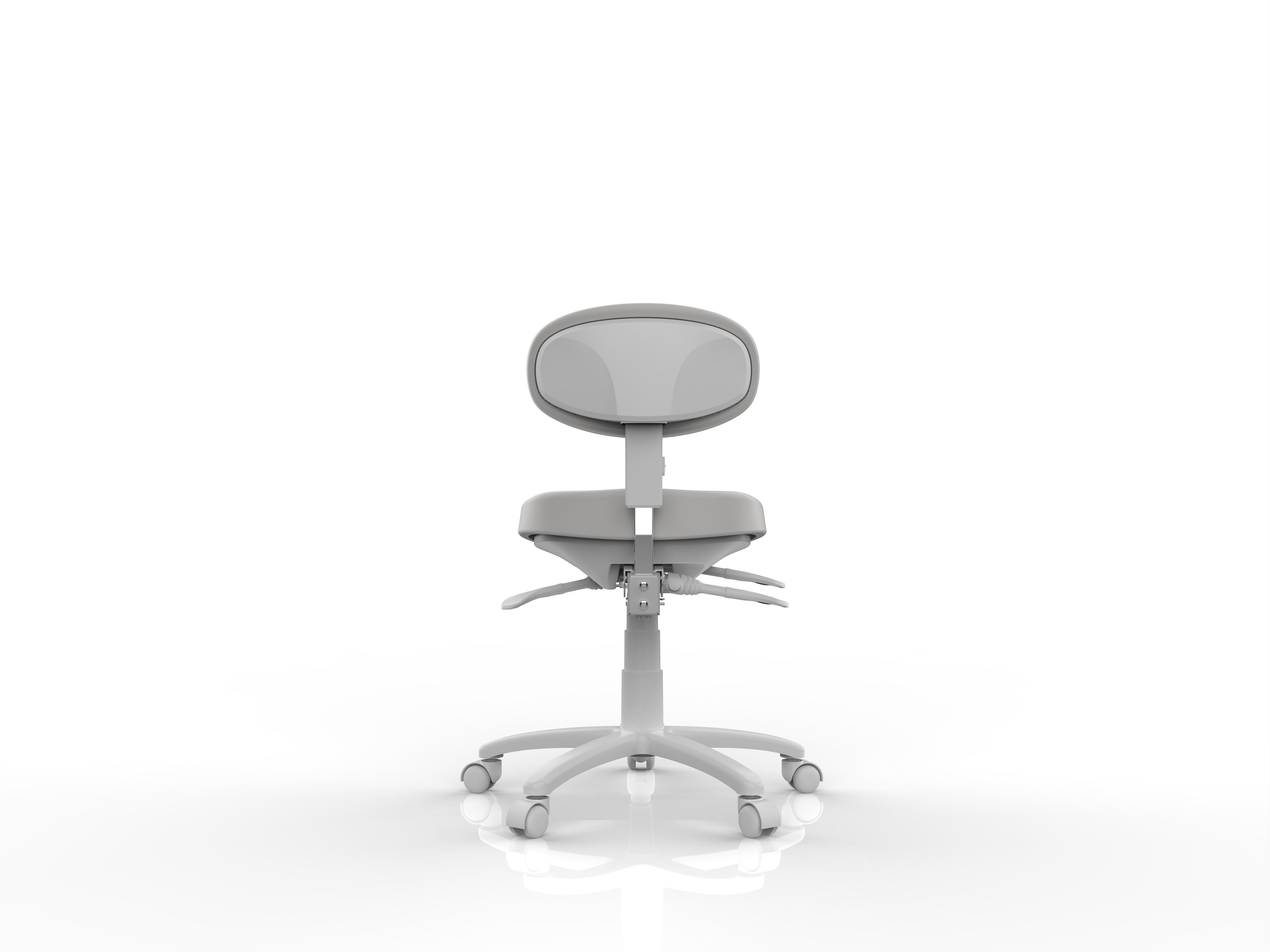 Silverfox America 8C01 Stool, gray with adjustable seat and backrest, shown from the back.