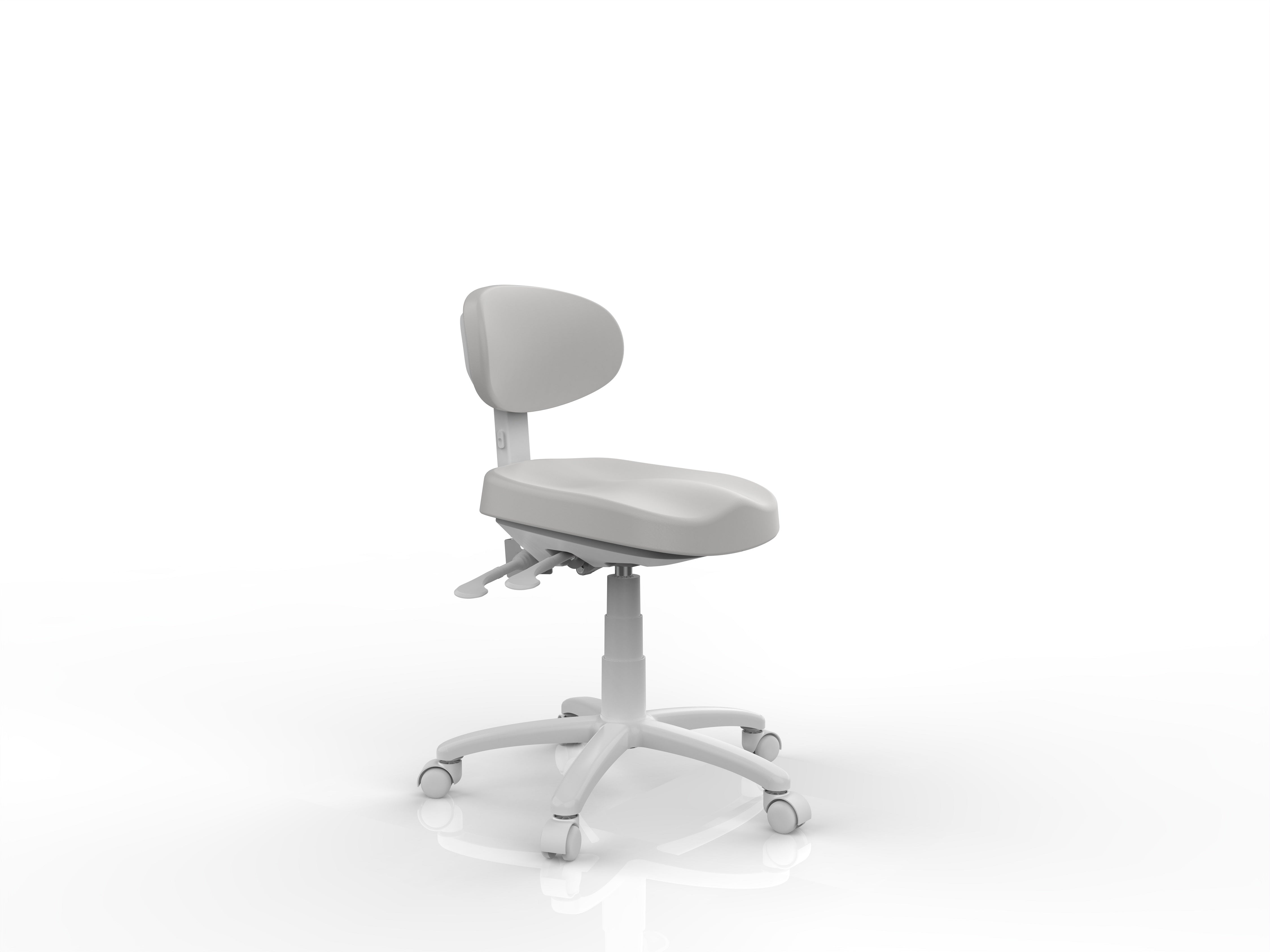 Silverfox America 8C01 Stool, white and adjustable with wheels, side view on white background.