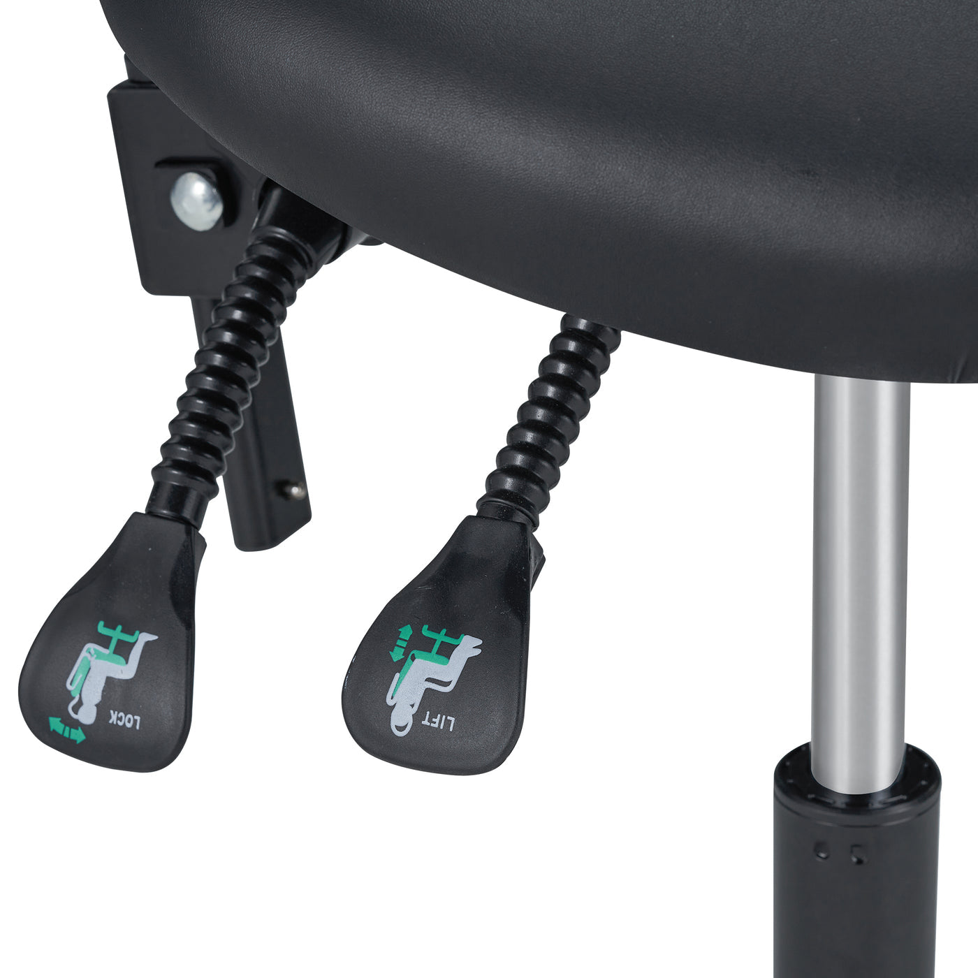 Close-up of a chair's height adjustment levers with 'Lock' and 'Lift' labels on a white background.