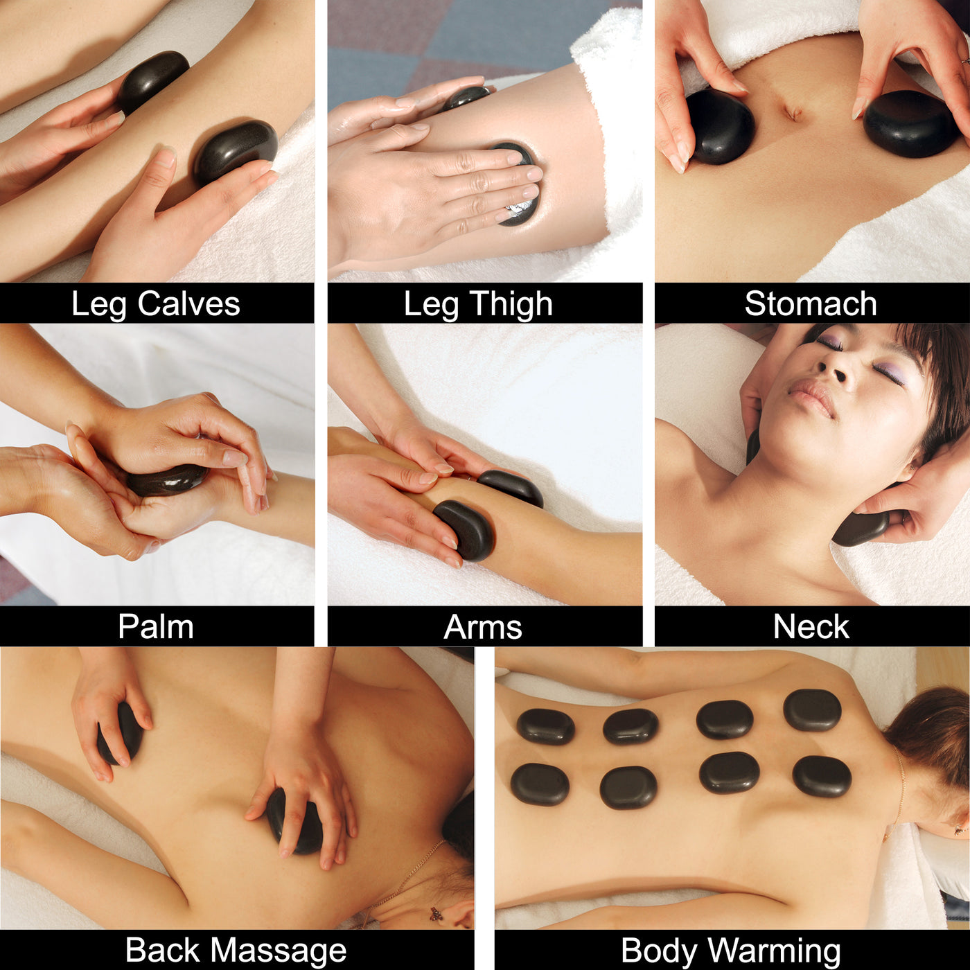 Collage of a person receiving hot stone massage on various parts of the body.