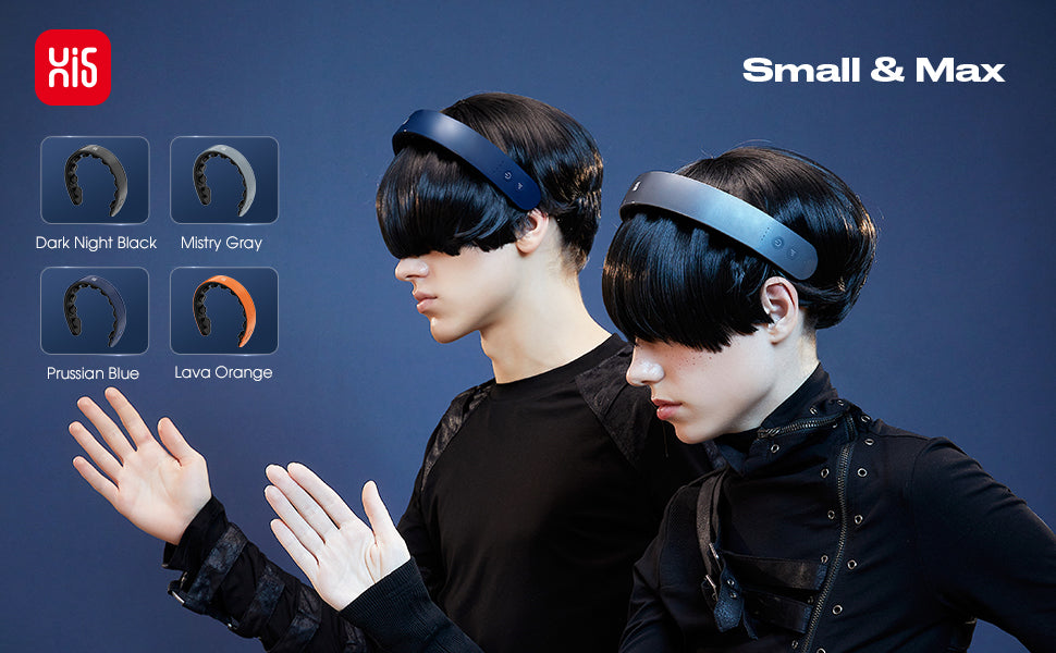 Two people wearing H1 Hands-Free Scalp Massager with color options displayed on a blue background, featuring the HIS logo.
