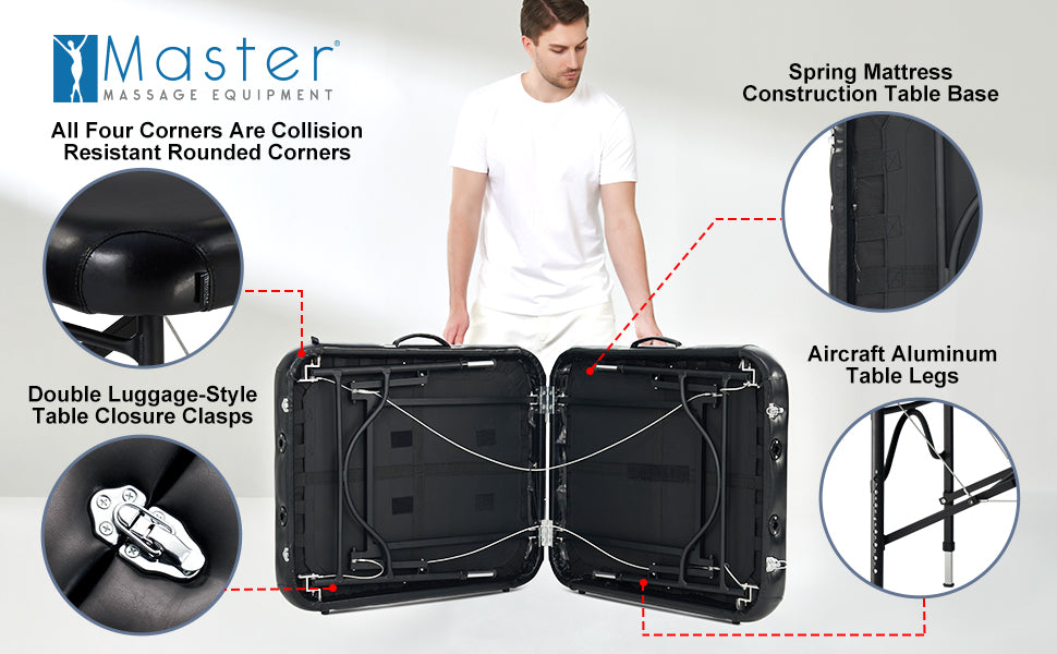 Man carrying a Master Massage STRATOMASTER AIR portable massage table with NanoSkin insets.