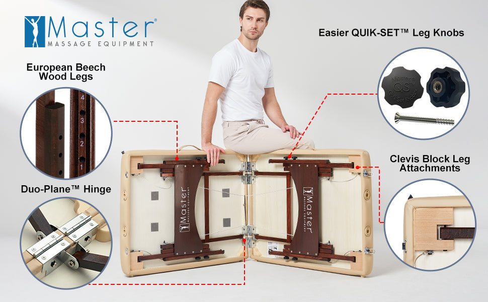 Man sitting on the Master Massage ARGO Cream Portable Table with labeled features and detail insets.