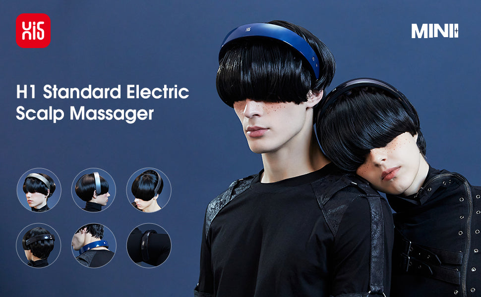 Two people wearing electric scalp massagers with H1 Standard Electric Scalp Massager text and MINI logo on a blue background.