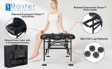 A woman sits on a Master Massage STRATOMASTER AIR portable table with NanoSkin upholstery.