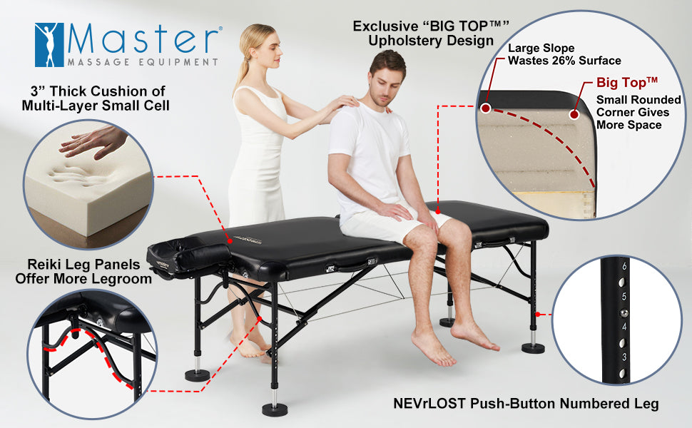 Man sits on the Master Massage STRATOMASTER AIR table, features and NanoSkin upholstery shown.