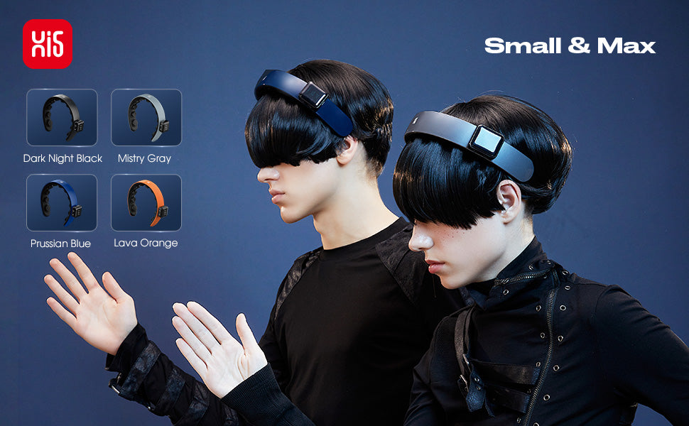 Two people wearing H1 Deluxe Electric Scalp Massager with color options displayed on a blue background.