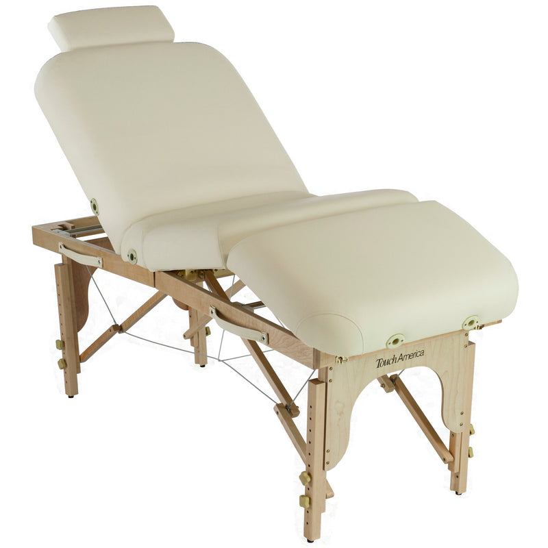 TouchAmerica Portable MULTIPRO cream massage table with wood legs and padded surface.
