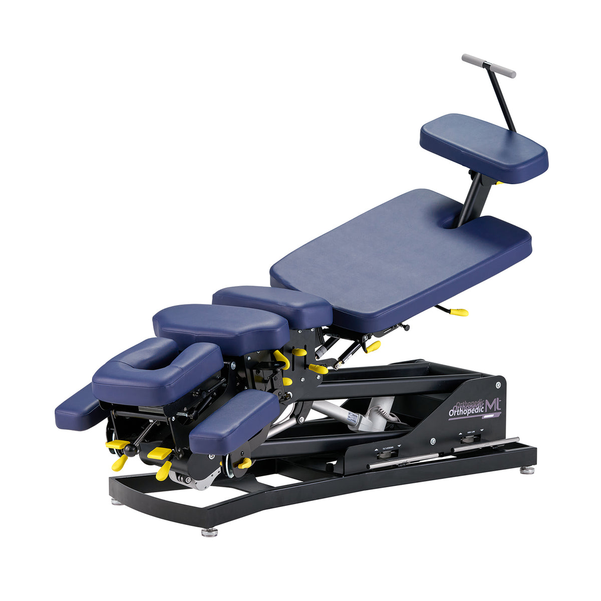 Blue and black chiropractic table on a white background