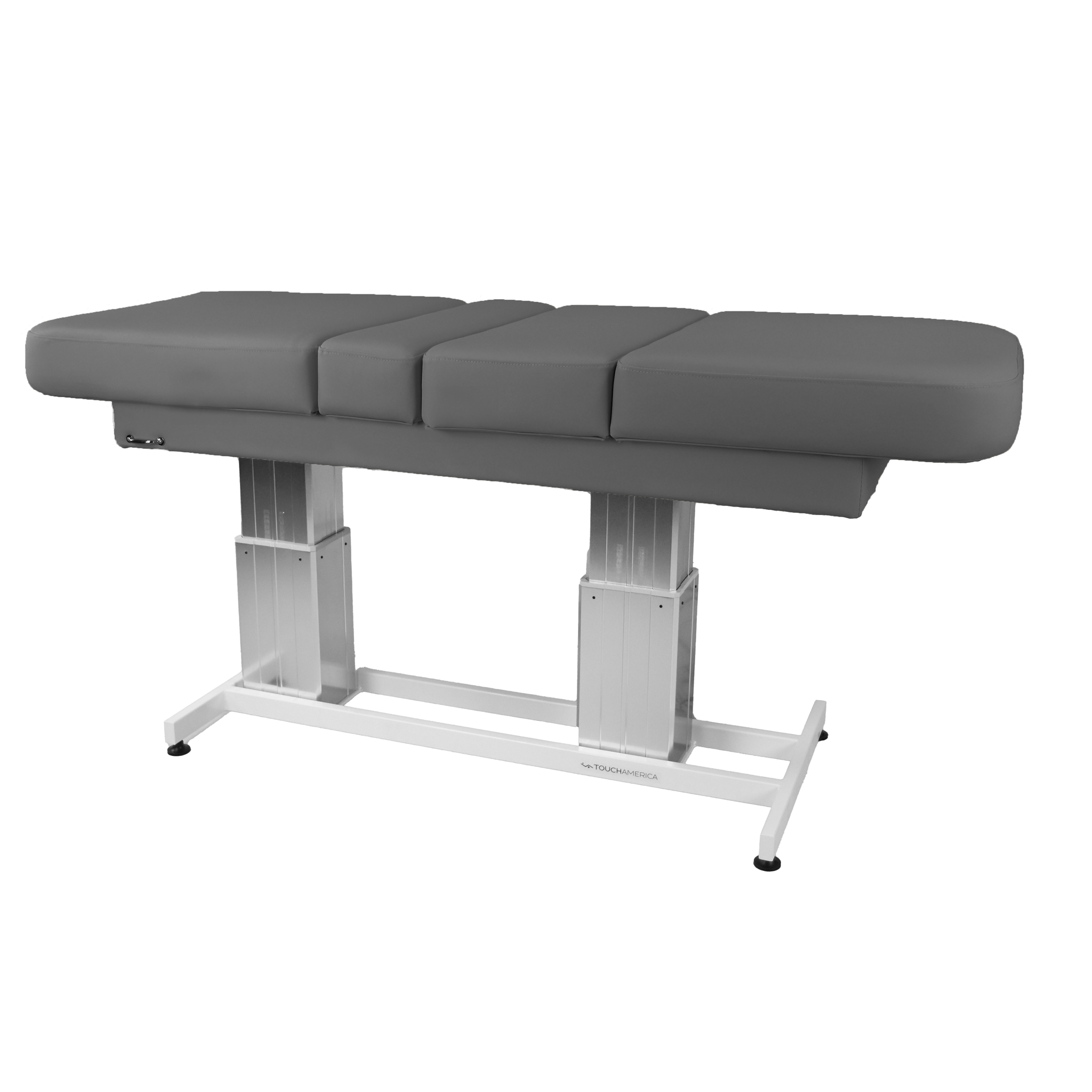 TouchAmerica ATLAS CLASSIC gray treatment table with adjustable pedestals and white metal base.