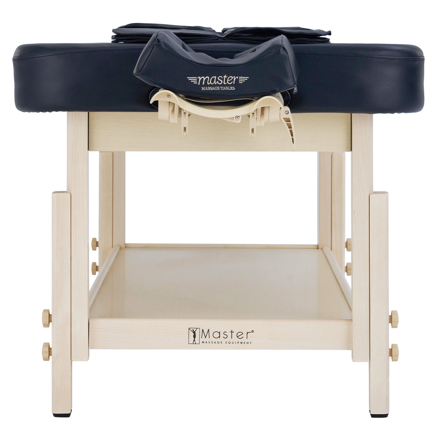 Master Massage AirMaster table with black cushion, headrest, viewed from foot end.