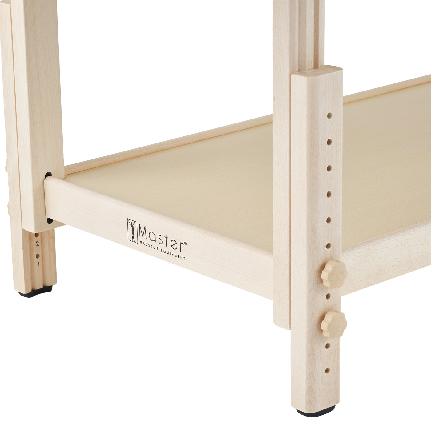 Close-up of wooden legs and lower shelf on the Master Massage AirMaster Stationary Table.