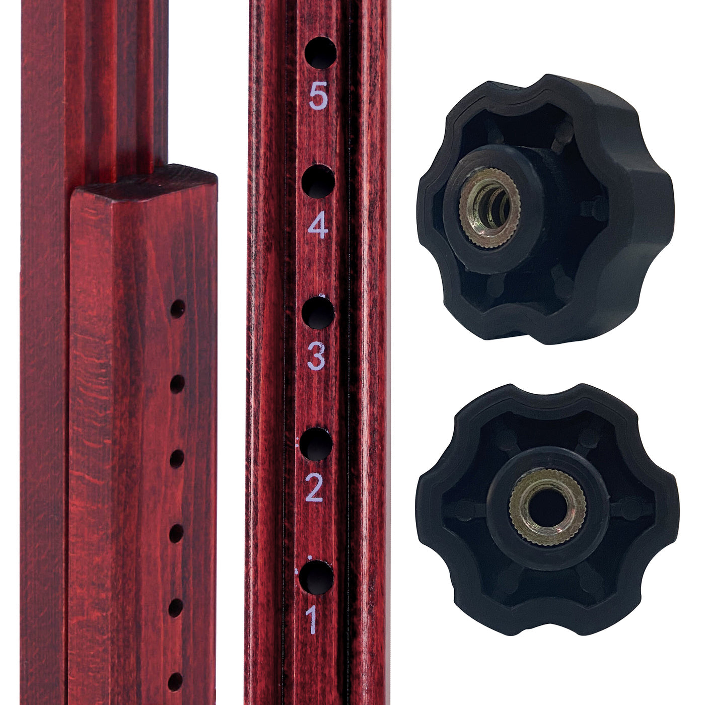 Mahogany base with black knobs on a white background