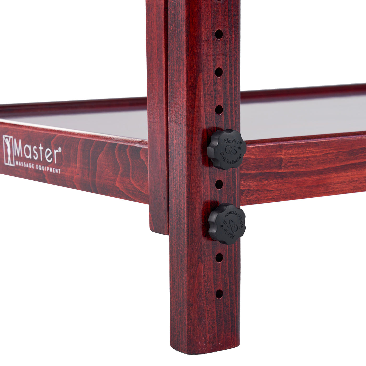 Close-up of Master Massage AirMaster table leg with two locking knobs and logo visible.