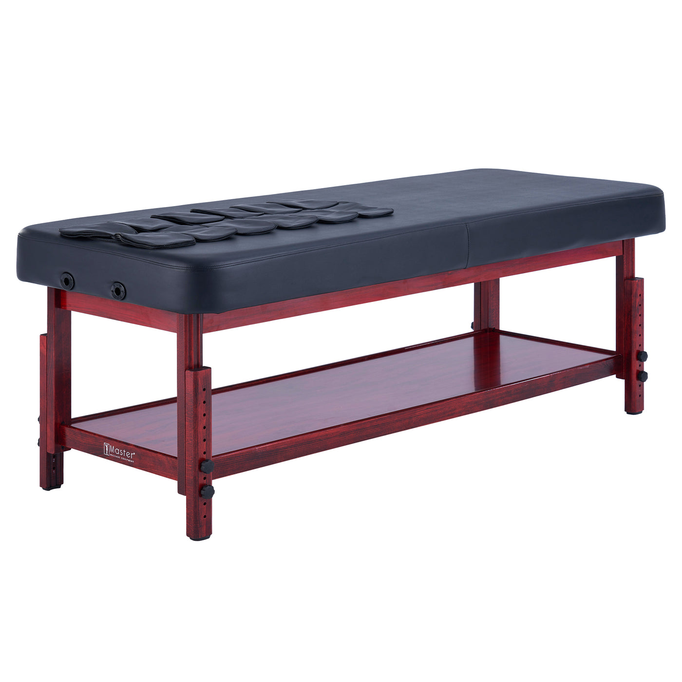 Master Massage AirMaster black stationary table with wooden frame and storage shelf, side view.