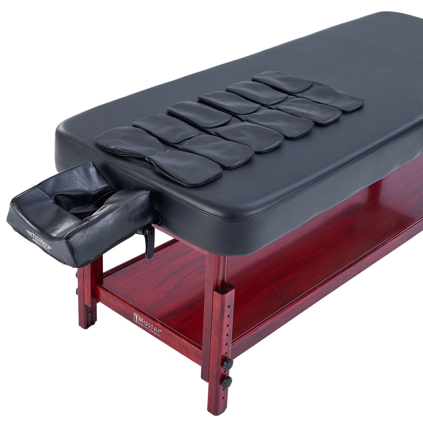 Master Massage AirMaster Stationary Table: black cushions, lumbar traction, wood frame, face cradle.