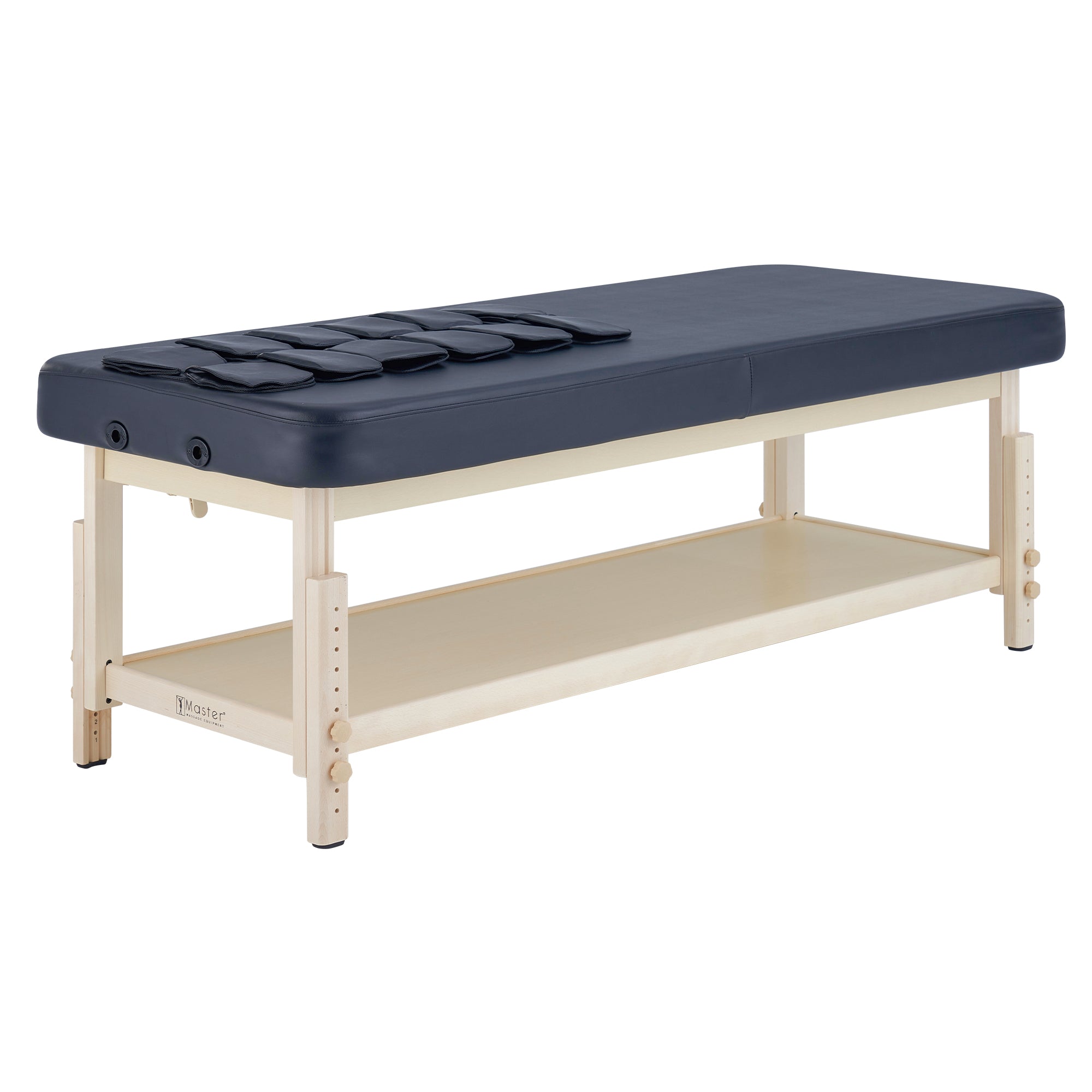 The Master Massage AirMaster stationary table features a navy blue top and black cushions.