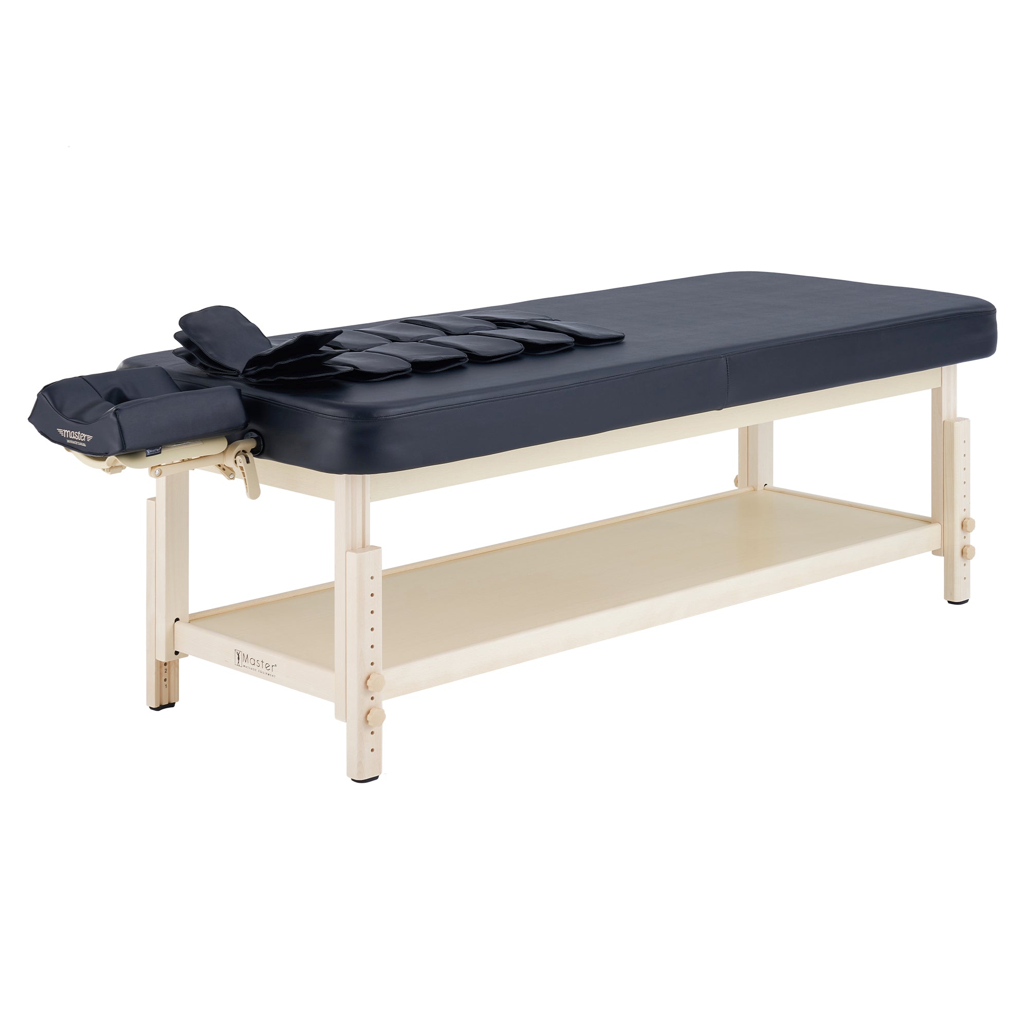 Master Massage AirMaster table: black, lumbar traction, adjustable headrest, storage shelf.