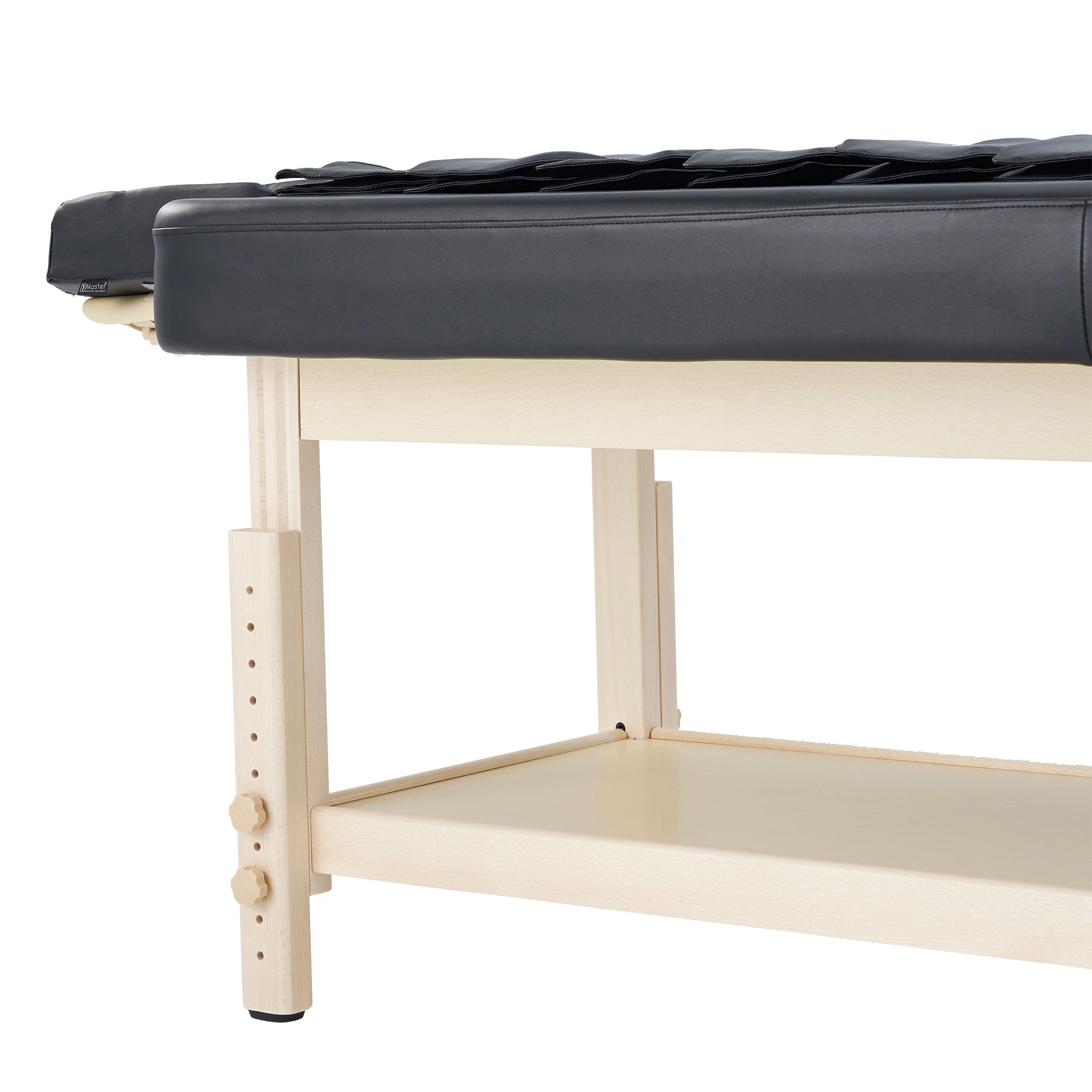 Master Massage AirMaster Table: black cushion, lumbar traction, shelf included.