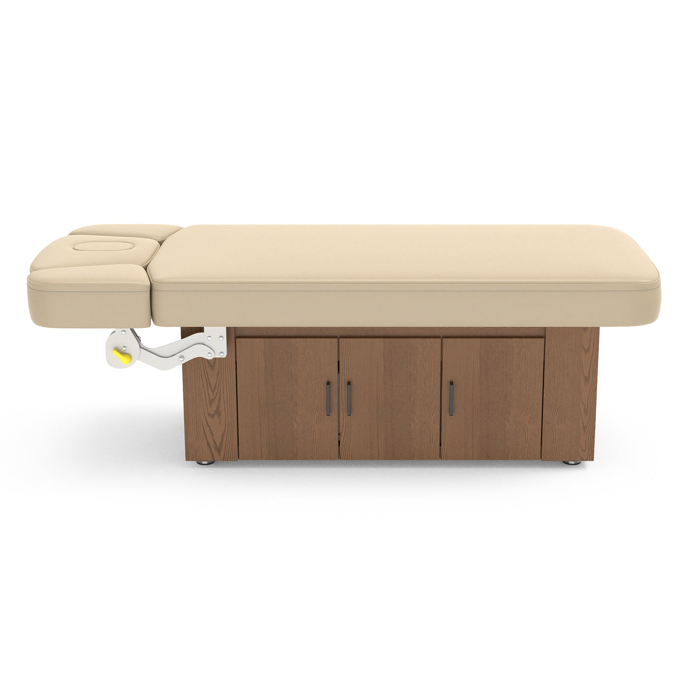 Beige massage table with wooden base on a white background