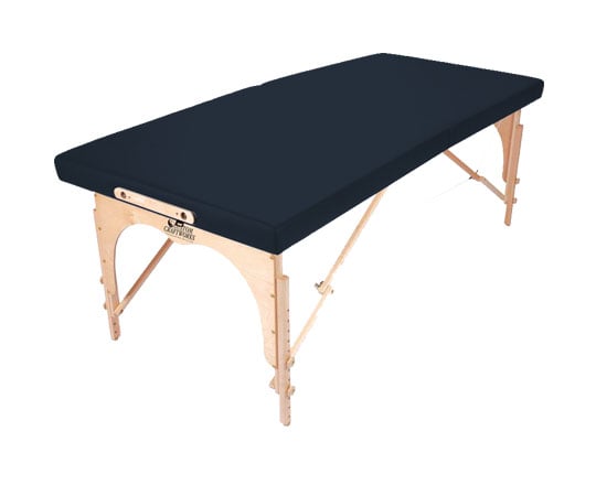 The Custom Craftworks ALEXANDER TECHNIQUE Table is a foldable black massage table with birch legs.