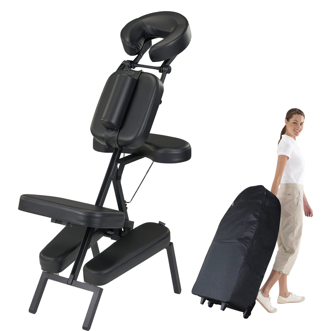 Master Massage APOLLO XXL Portable Chair; woman pulls its wheeled carrying case.