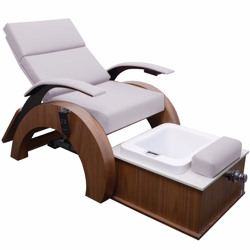 TouchAmerica ARCHI-PEDIGO Pedi-Lounge: padded seat, adjustable footrest, wood accents.