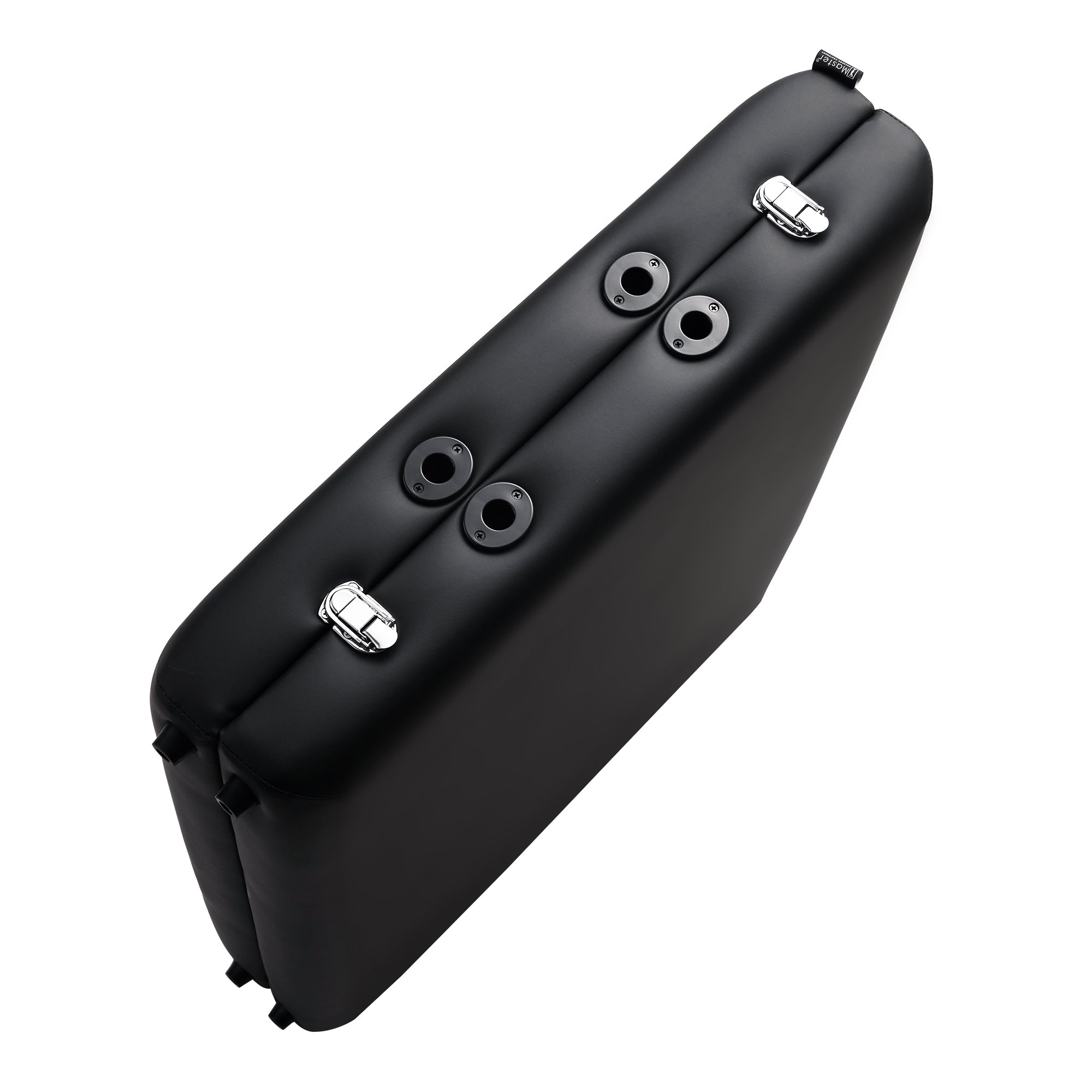 Black Master Massage ARGO portable massage table case with 2 latches and 4 ports, top view.