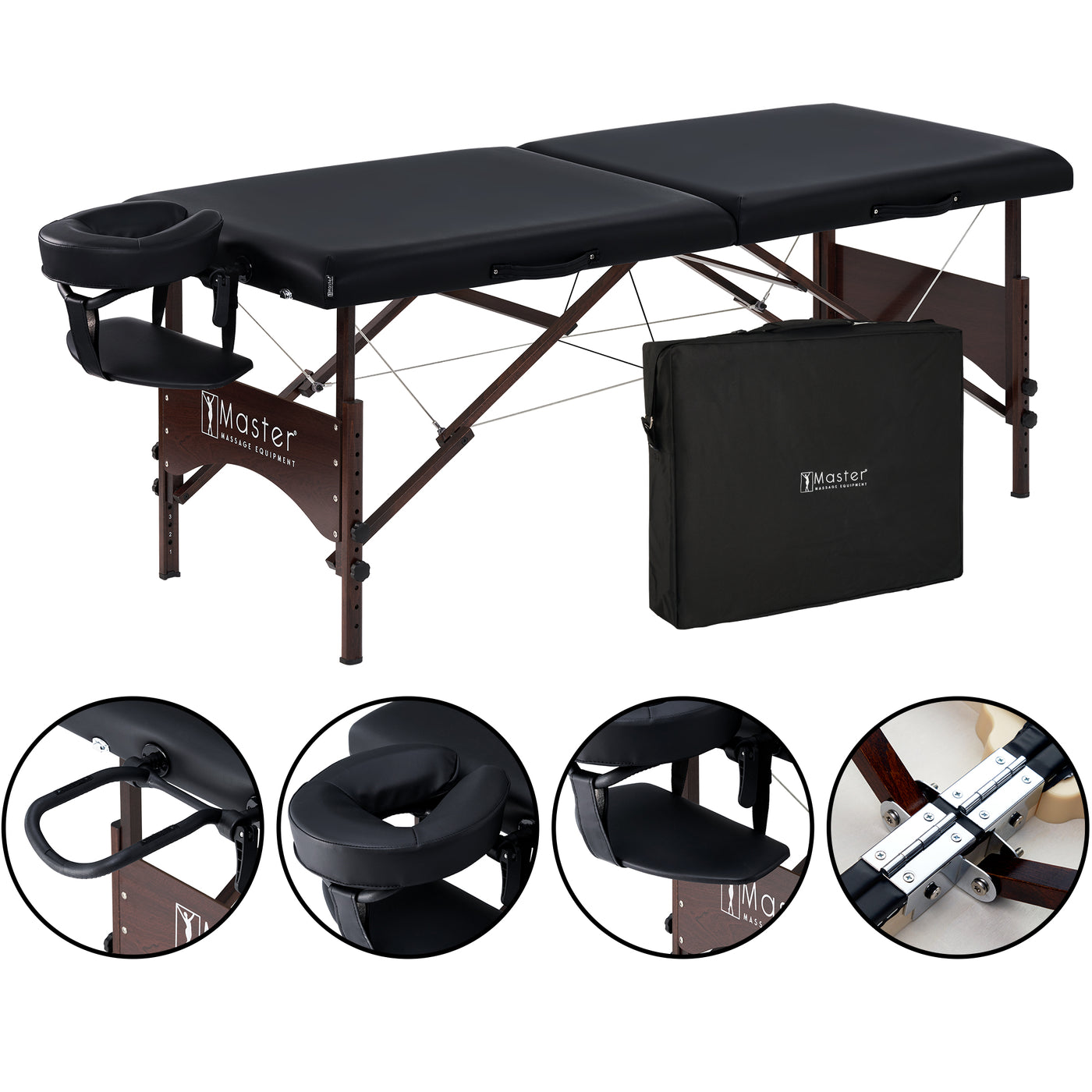 Master Massage ARGO Portable Massage Table in black with face cradle and carrying case.