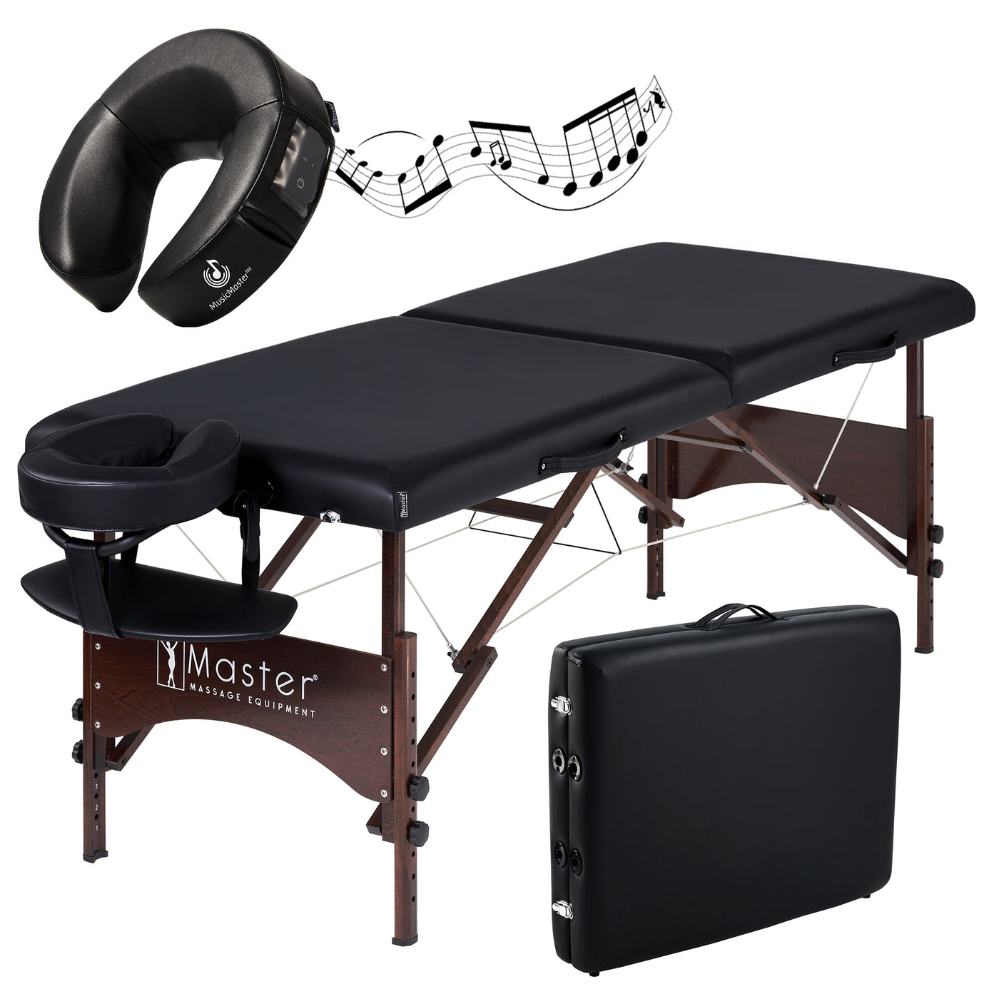 Master Massage ARGO portable massage table package in black with face cradle and carrying case.