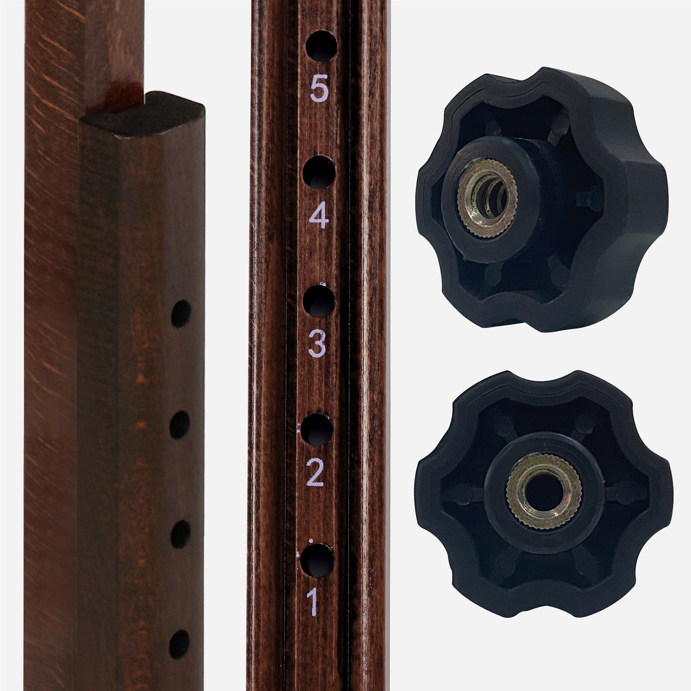 Master Massage ARGO table’s cream wooden adjustable pole with numbered holes, two black knobs.