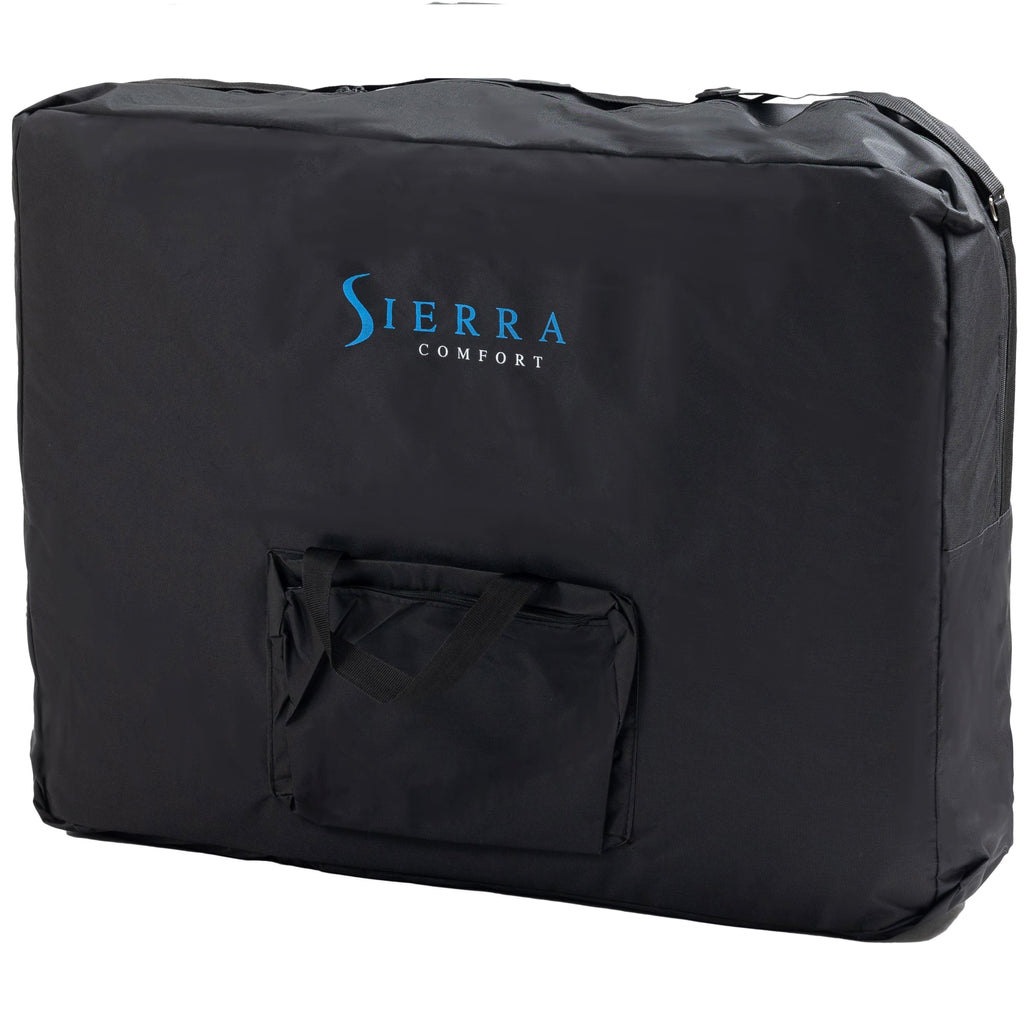 Black carrying case for Sierra Comfort Premium Wide Portable Massage Table with front pocket.