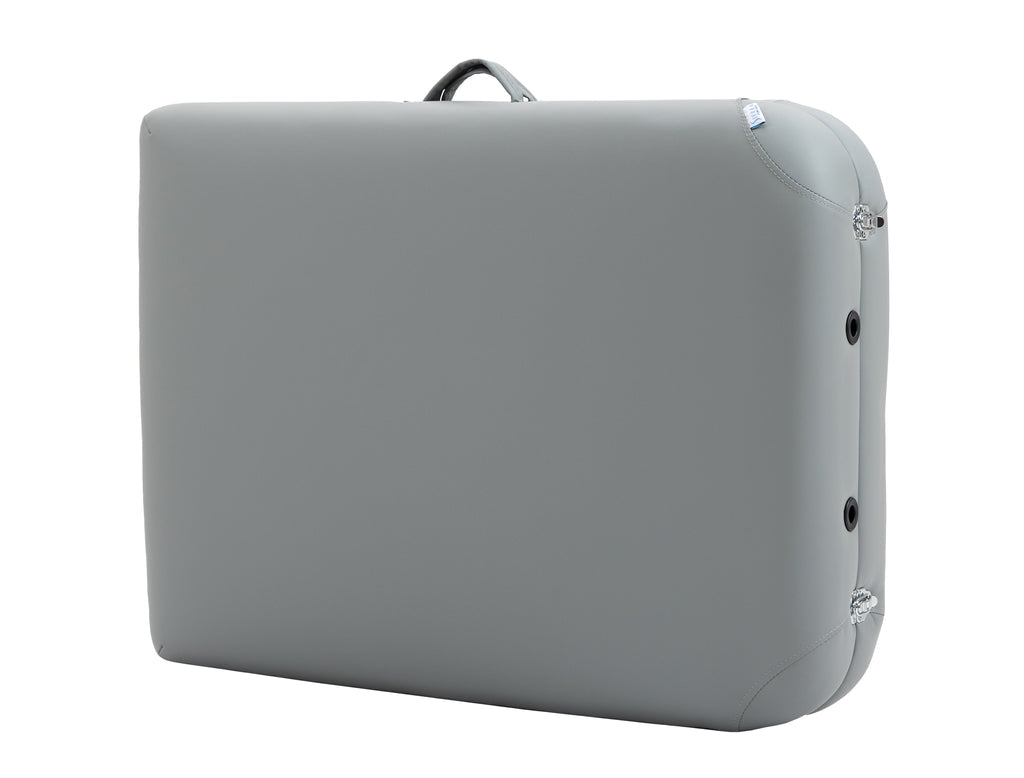 Sierra Comfort Premium Wide Portable Massage Table: rectangular, gray, portable, with handle & ports.