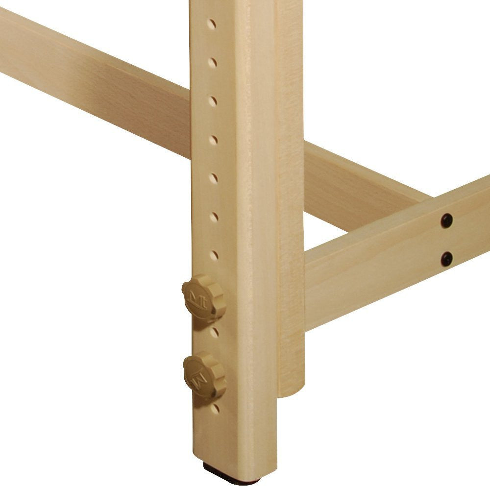 Close-up of MT Massage HARVEY Stationary Table's adjustable wooden frame with numbered holes.