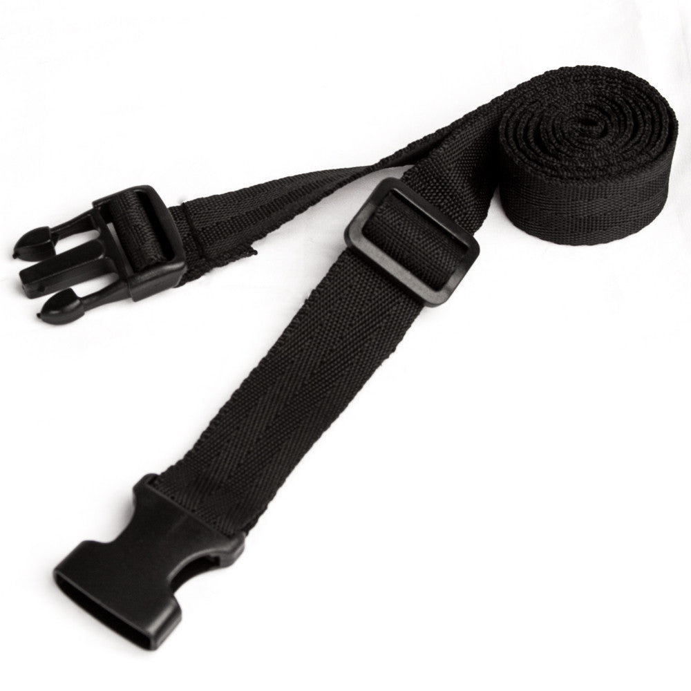 Black webbing strap with plastic buckle on a white background