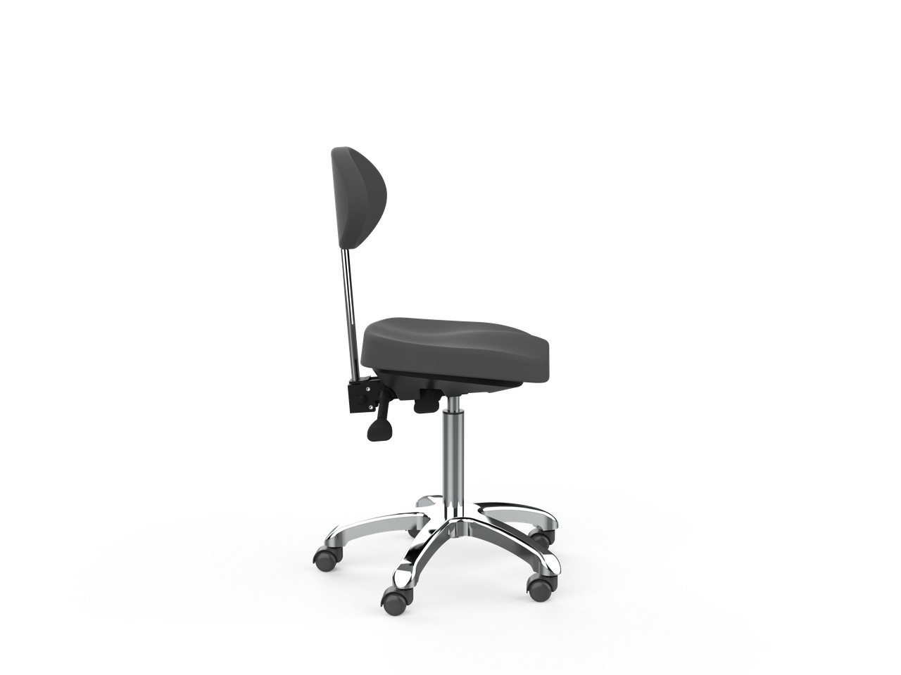 Silverfox America 1025E Beauty Stool with backrest, adjustable height, and wheels, side view.