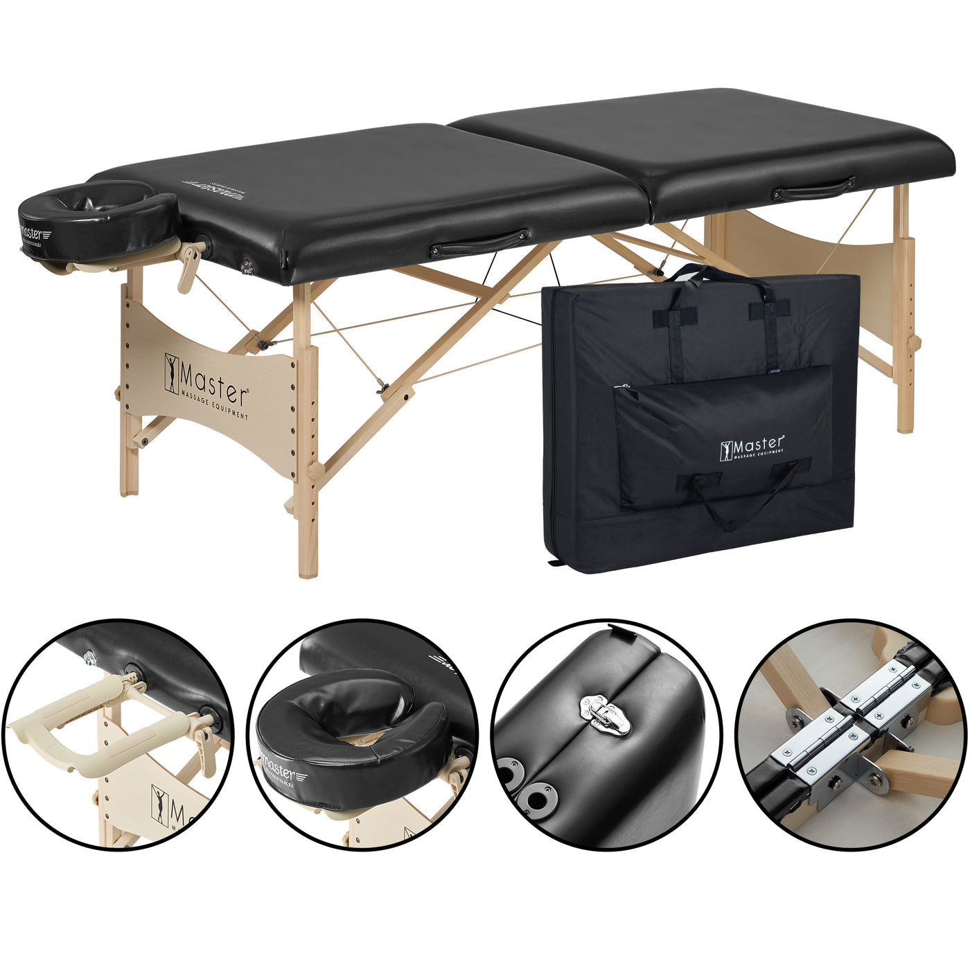Master Massage BALBOA portable table with wood legs, face cradle, and carrying case shown.