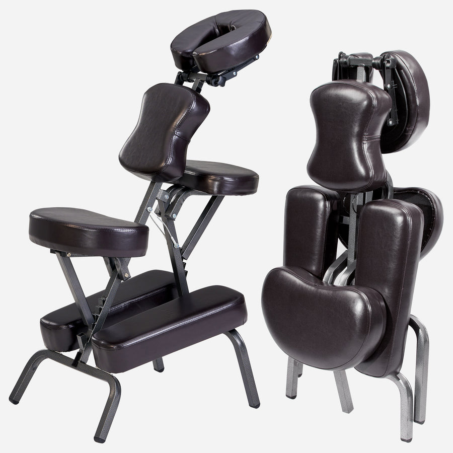 Two Master Massage BEDFORD portable chairs, one shown with adjustable face cradle, on white.