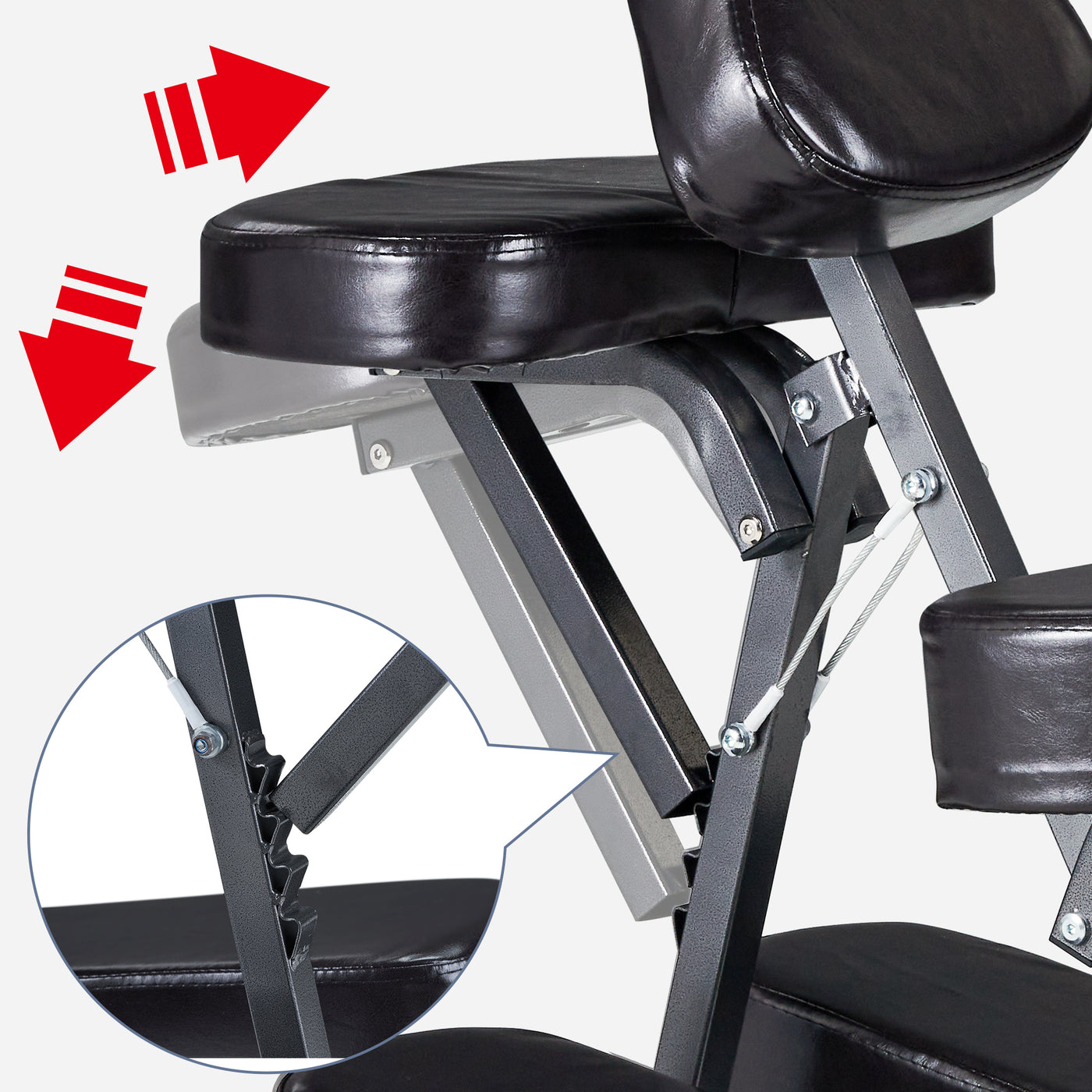 Master Massage BEDFORD portable chair seat with arrows showing adjustable gear movement.
