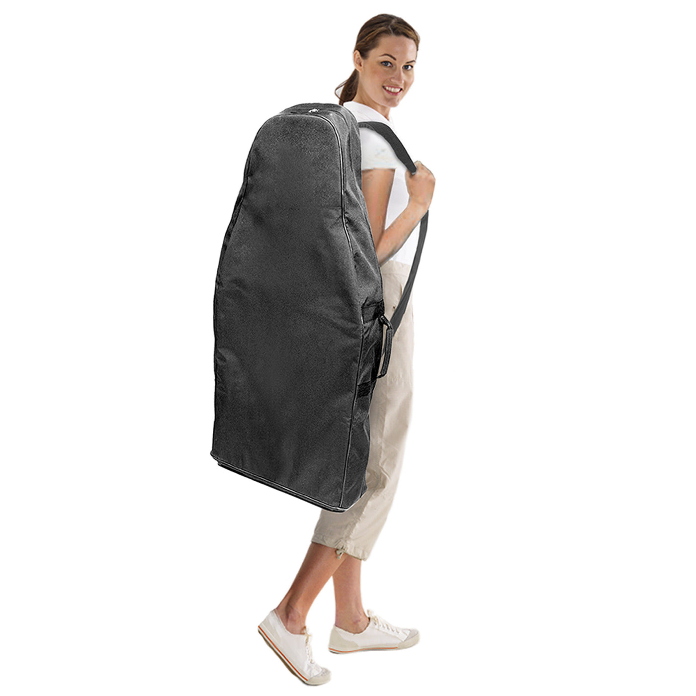 Woman carrying the Master Massage BEDFORD portable massage chair with shoulder strap.