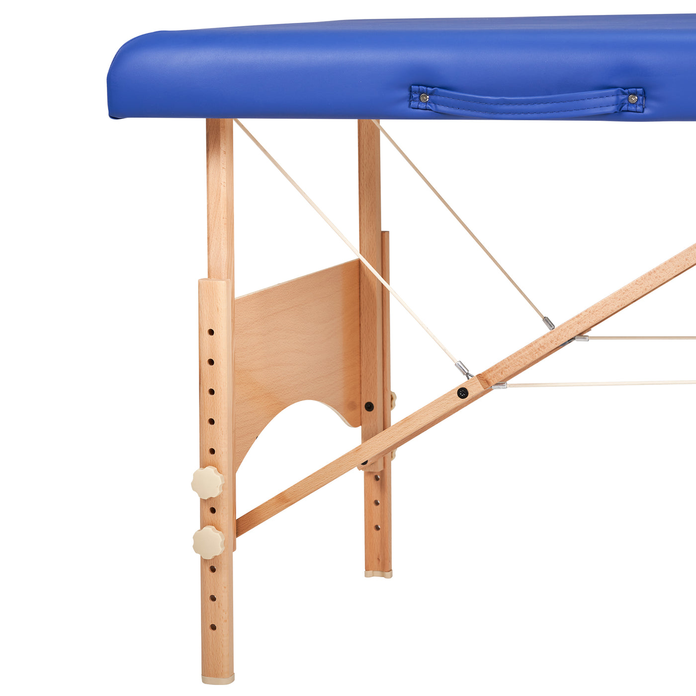 Close-up of Master Massage BRADY table leg with adjustable knobs and blue padded top.